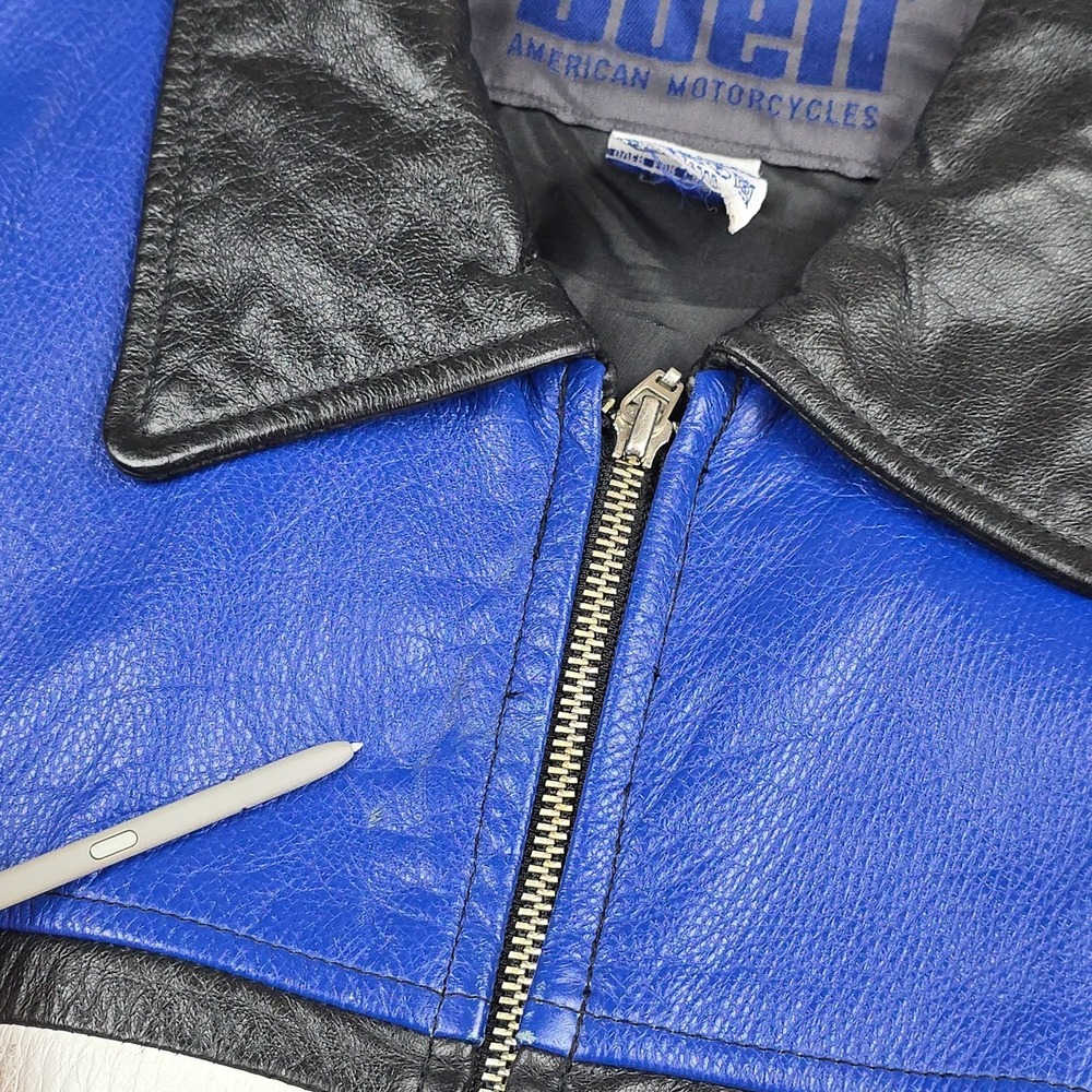 Vintage Buell American Motorcycles Leather Jacket Mens Large Black Blue Racing - Picture 11 of 14